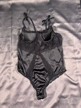 Love University - Satin & Lace Black Tie-Shoulder Bodysuit